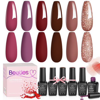 Beetles Gel Nail Polish Set Plum Burgundy & Glitter – 6-Piece Kit (Soak Off, UV/LED)
