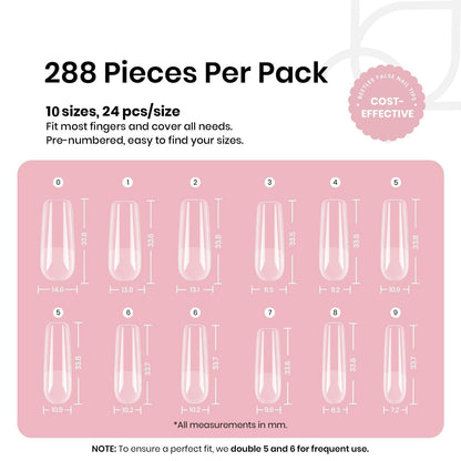 Beetles Gel Nail Tips Long Square – 288 Pcs Half Matte Pre-Shaped Press-On Nails for DIY Extensions