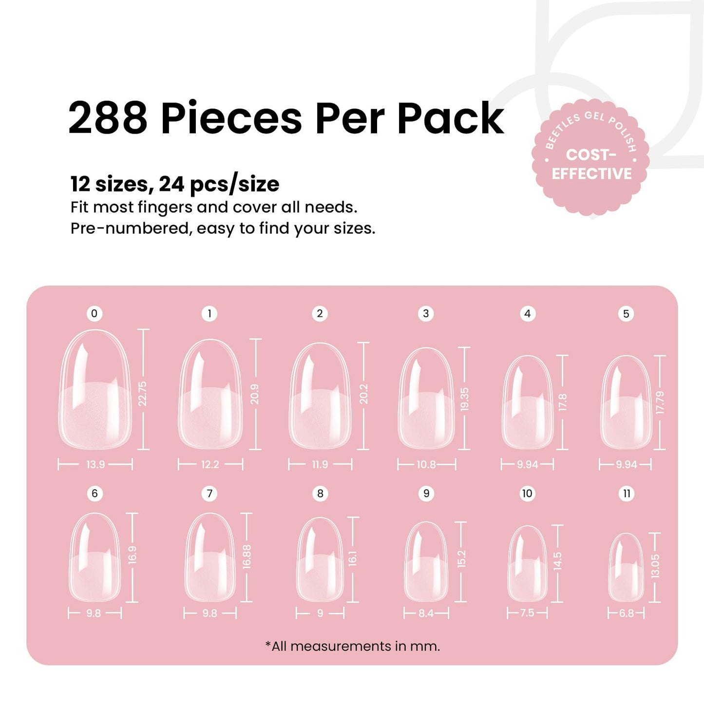 Beetles Gel Nail Tips Short Oval – 288Pcs Pre-Shaped Half Matte Press-On Nails for DIY Extensions