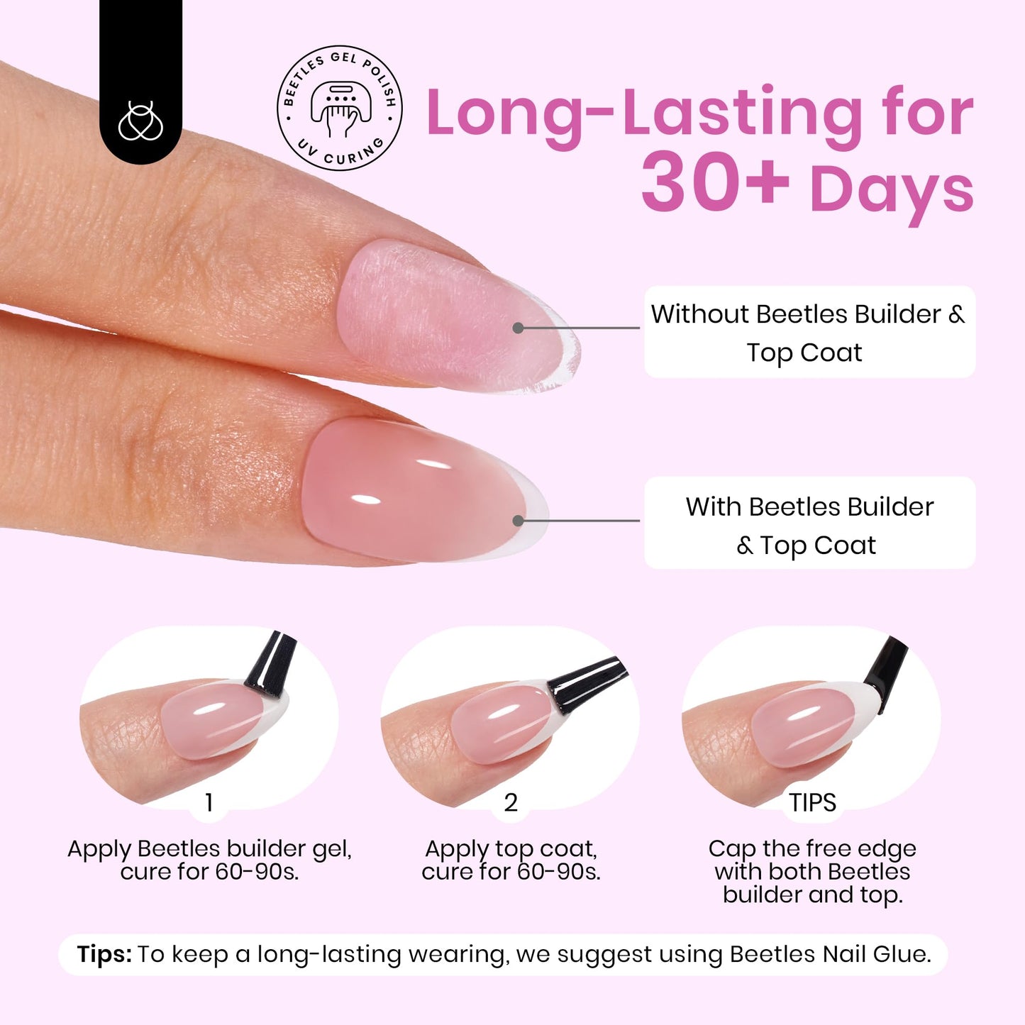 Beetles French Tips Press On Nails – 224 Pcs Pink Short Almond Gel Nail Tips