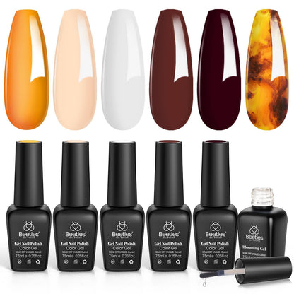 Beetles Gel Polish with Blooming Gel – Amber Attraction: 5 Brown Shades + Clear Blooming Gel | UV Nail Polish Gift Set