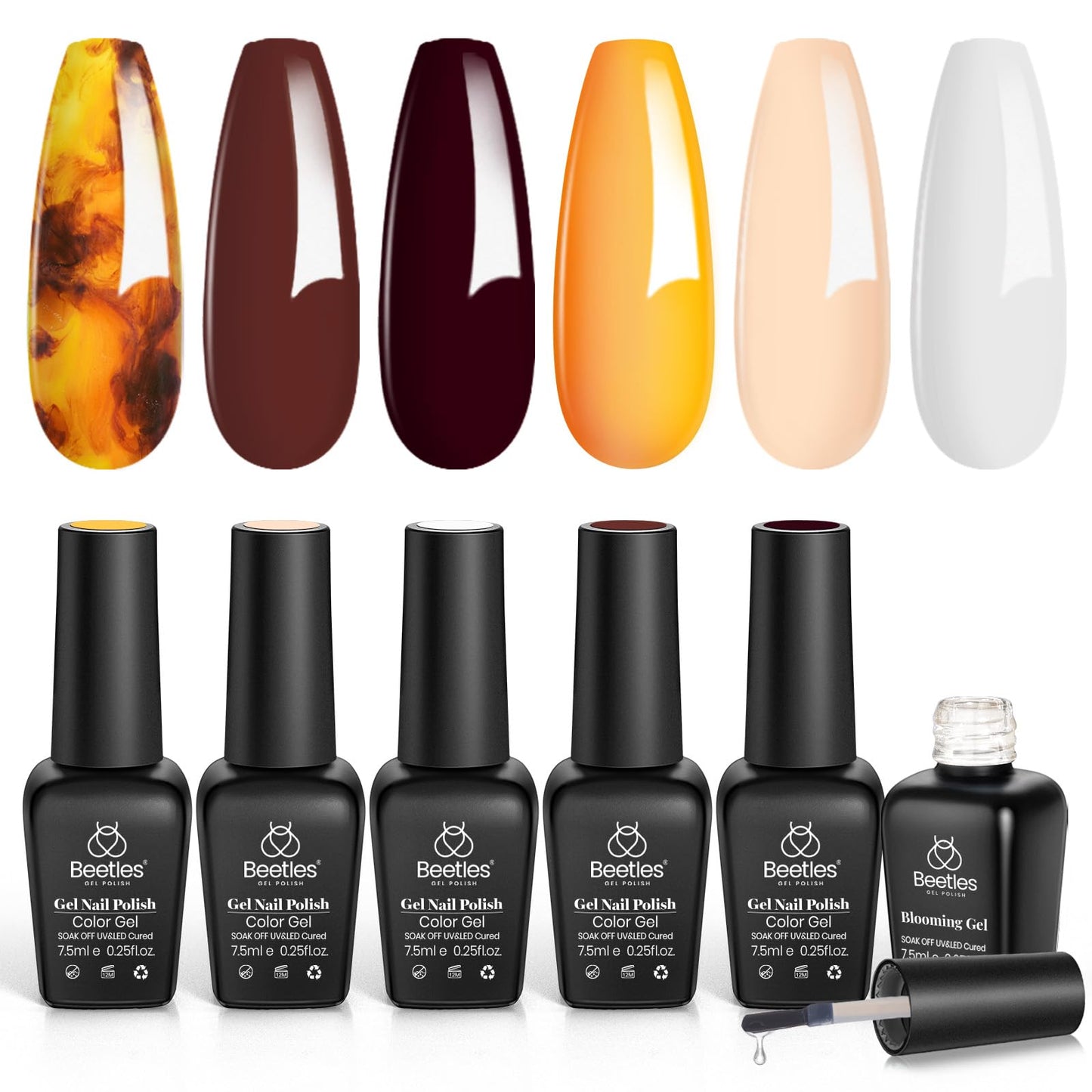 Beetles Gel Polish with Blooming Gel – Amber Attraction: 5 Brown Shades + Clear Blooming Gel | UV Nail Polish Gift Set