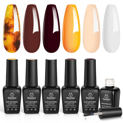 Beetles Gel Polish with Blooming Gel – Amber Attraction: 5 Brown Shades + Clear Blooming Gel | UV Nail Polish Gift Set
