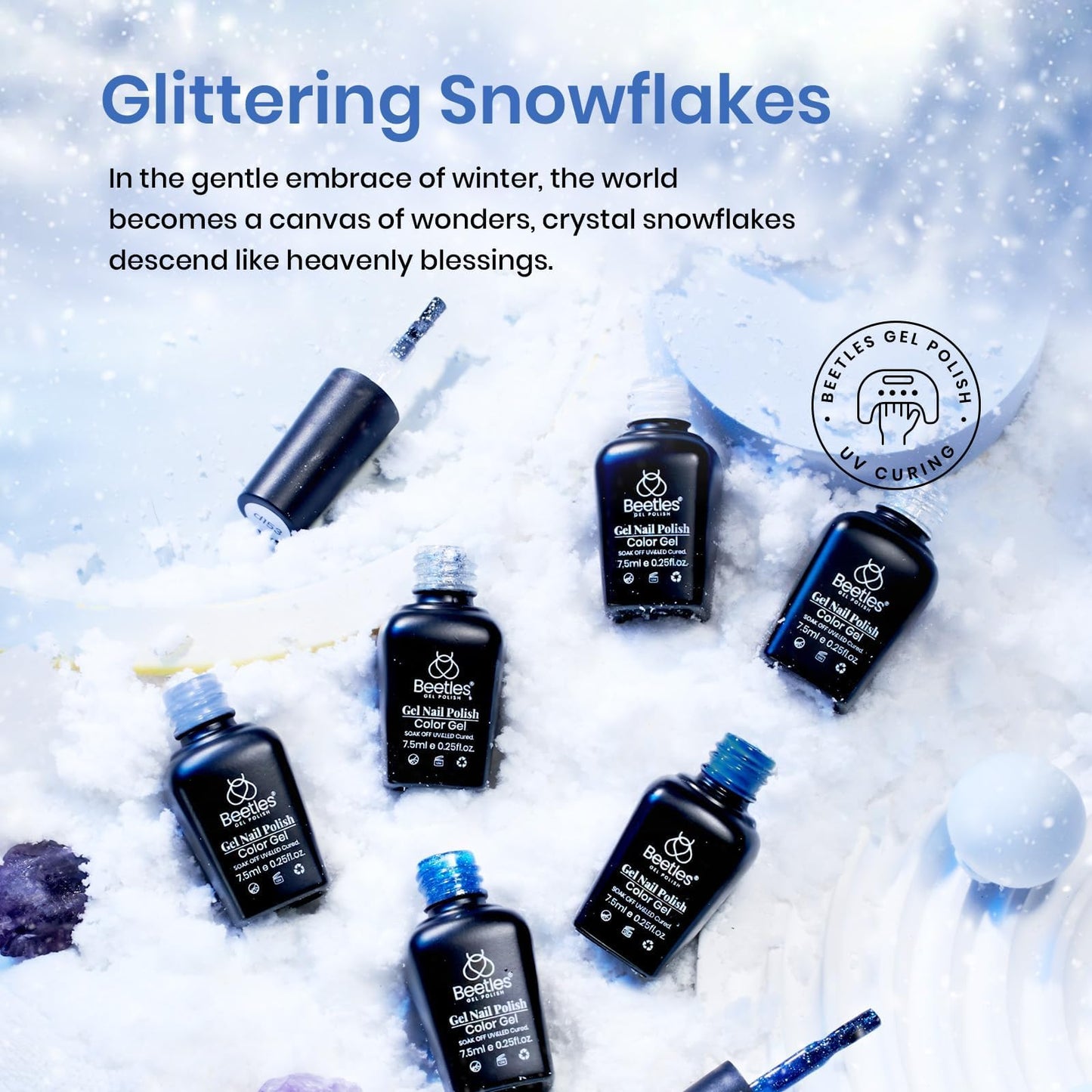 Beetles Gel Polish Set – Glitter Snowflakes Collection: White, Silver & Navy Blue