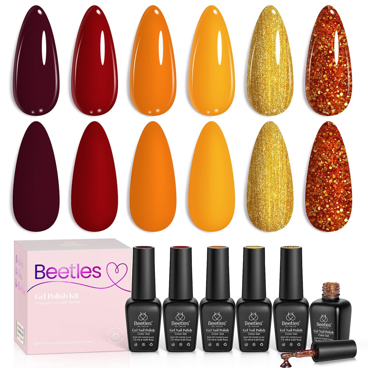 Beetles Gel Nail Polish Set – Golden Blessing (6 Autumn Shades: Red, Yellow, Brown, Glitter Orange-Gold)