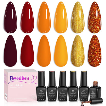 Beetles Gel Nail Polish Set – Golden Blessing (6 Autumn Shades: Red, Yellow, Brown, Glitter Orange-Gold)