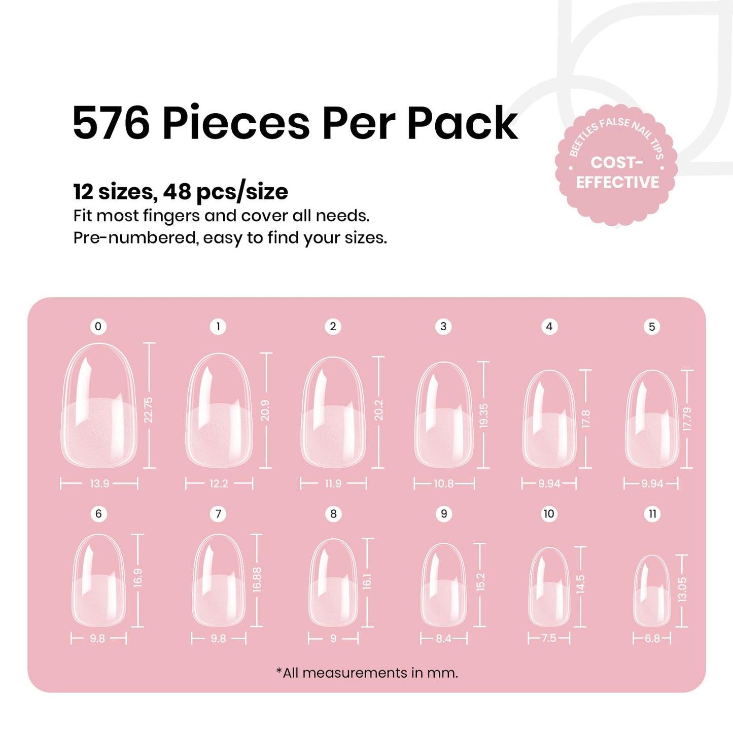 Beetles Gel Polish Short Oval Nail Tips – 576Pcs, 12 Sizes, Pre-Shaped Half-Matte Gelly Tips for DIY Gel Nails