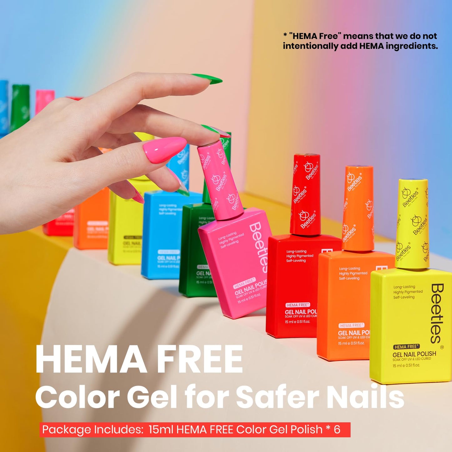 Beetles Gel Polish Neon Rainbow Set — 6 Neon Colors, HEMA-Free, 15ml, Soak-Off UV/LED