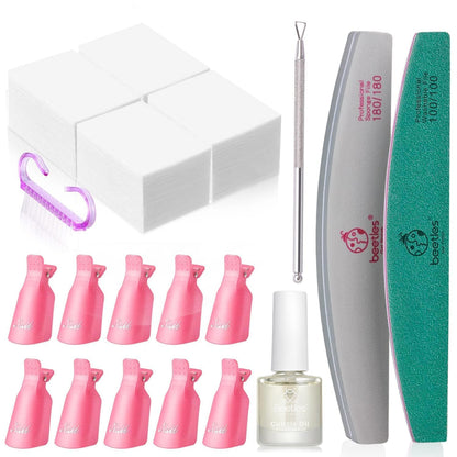 Beetles Gel Polish Remover Kit – 450 Lint-Free Wipes, 10 Remover Clips, Cuticle Oil, Pusher & Nail File