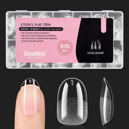 Beetles Gel Polish Short Oval Nail Tips – 576Pcs, 12 Sizes, Pre-Shaped Half-Matte Gelly Tips for DIY Gel Nails