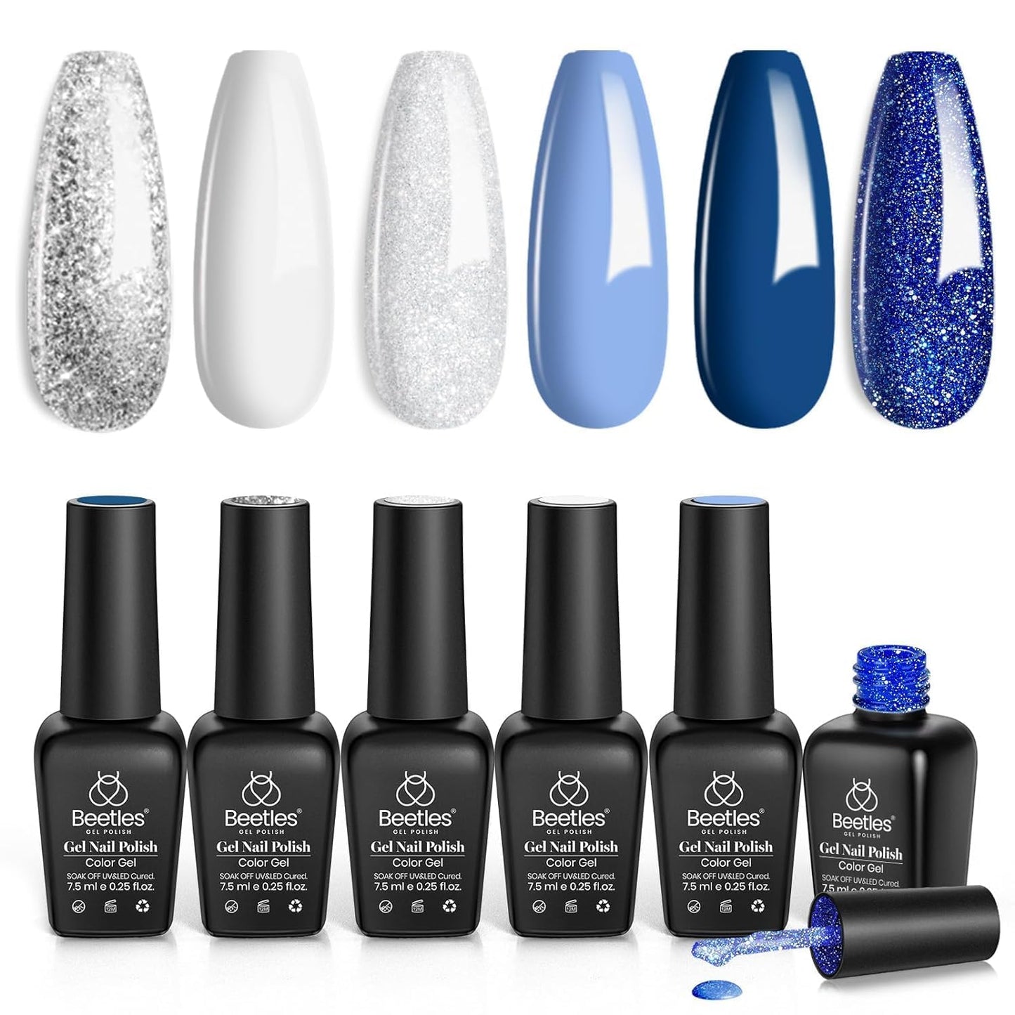 Beetles Gel Polish Set – Glitter Snowflakes Collection: White, Silver & Navy Blue