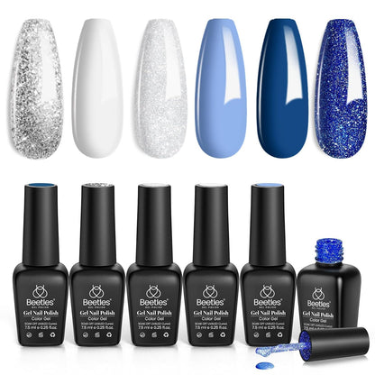 Beetles Gel Polish Set – Glitter Snowflakes Collection: White, Silver & Navy Blue