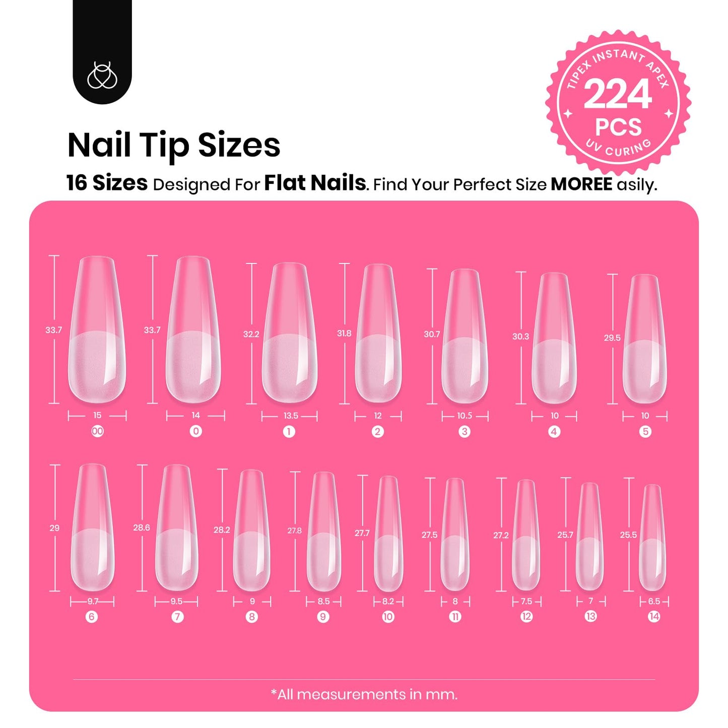 Beetles Gel Polish Tipex Instant Apex Nail Tips Kit – Coffin Long 224Pcs, 16 Sizes, Mini Lamp