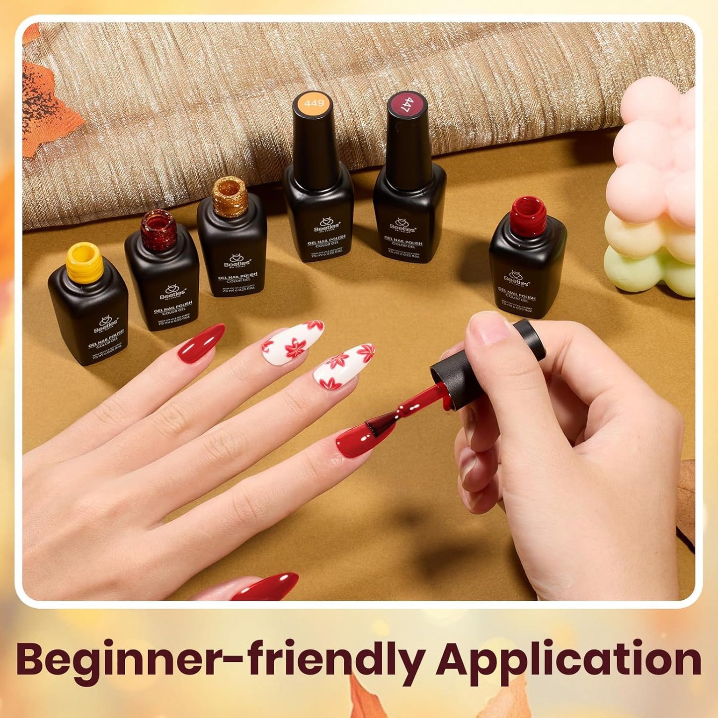 Beetles Gel Nail Polish Set – Golden Blessing (6 Autumn Shades: Red, Yellow, Brown, Glitter Orange-Gold)