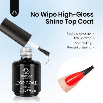 Beetles Gel Top Coat No-Wipe, 2x15ml – High-Gloss, Long-Lasting Shine for DIY & Salon