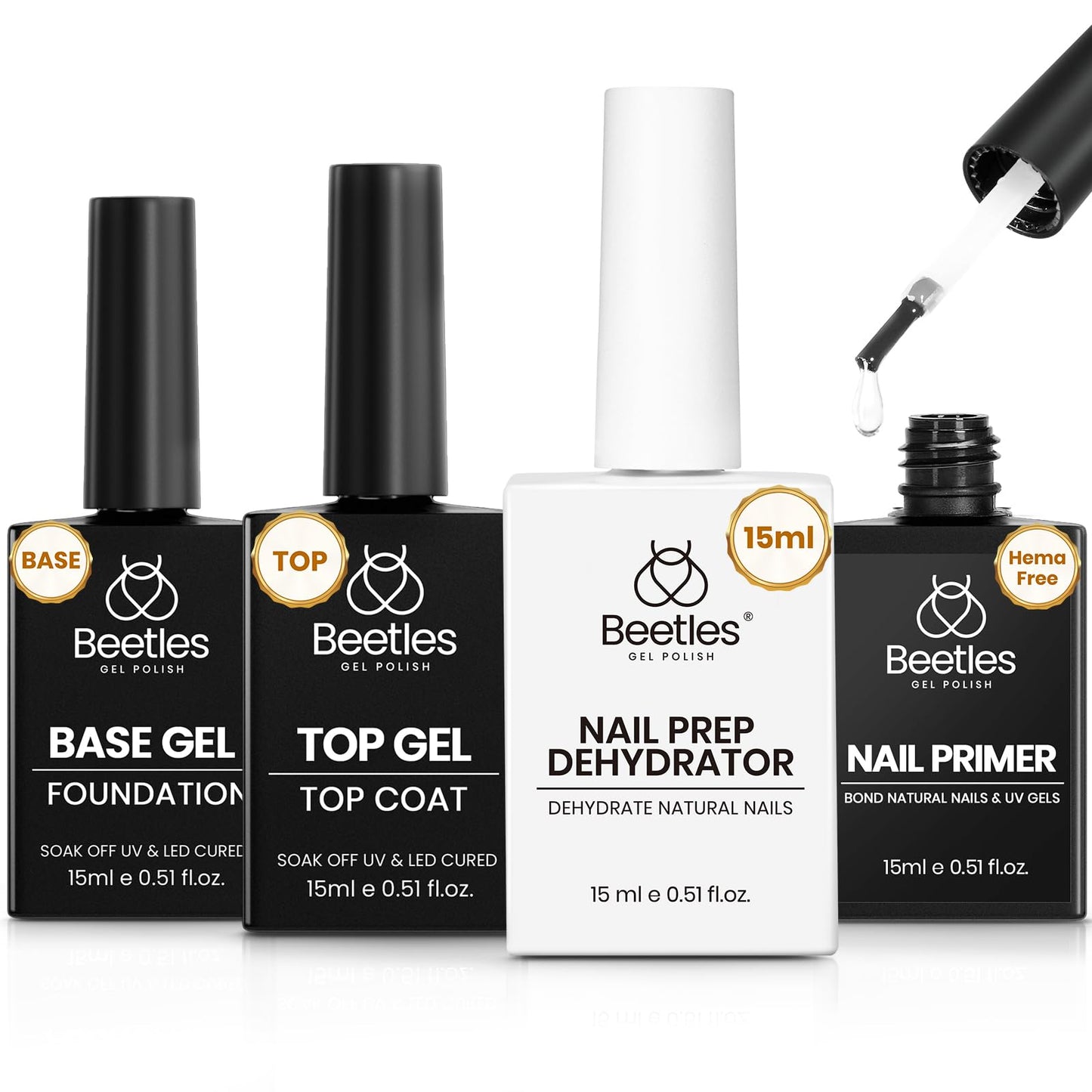 Beetles Gel Polish 4-Piece Base Coat, Top Coat, Dehydrator & Primer Set – Acid-Free & HEMA-Free Bond