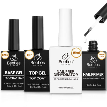 Beetles Gel Polish 4-Piece Base Coat, Top Coat, Dehydrator & Primer Set – Acid-Free & HEMA-Free Bond