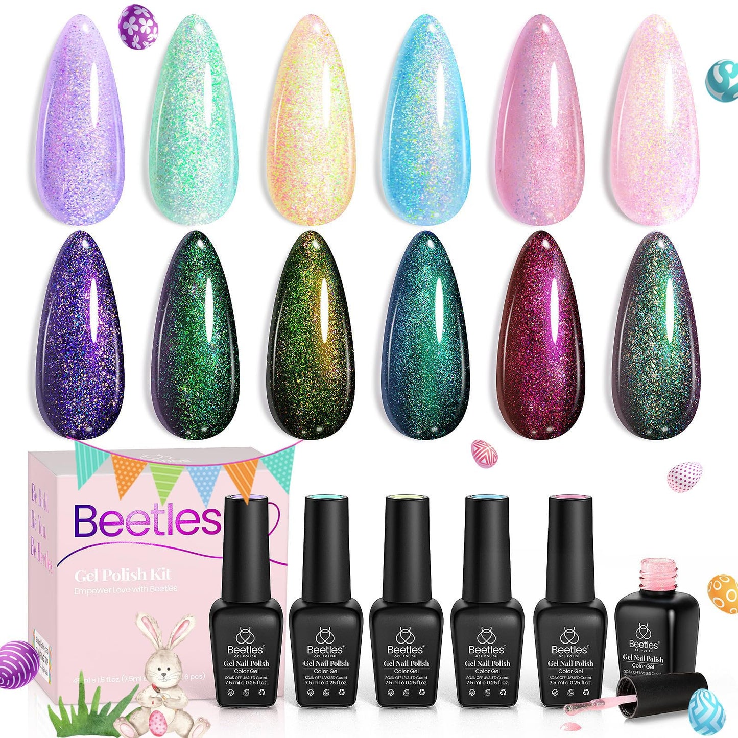 Beetles Glitter Gel Nail Polish Set – 6 Shimmering Colors for DIY Manicure, UV/LED Soak-Off