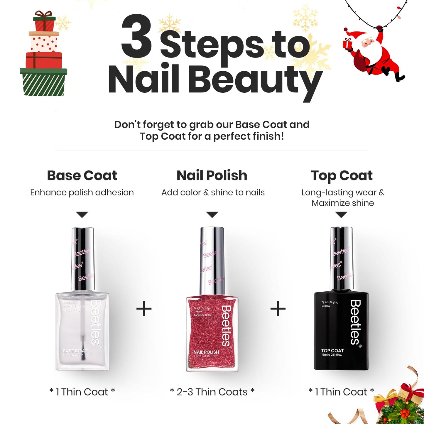 Beetles Glitter Nail Polish Set – 6 Quick-Dry Glitter Lacquers (Silver, Pink, Gold, Red, Brown, Black)