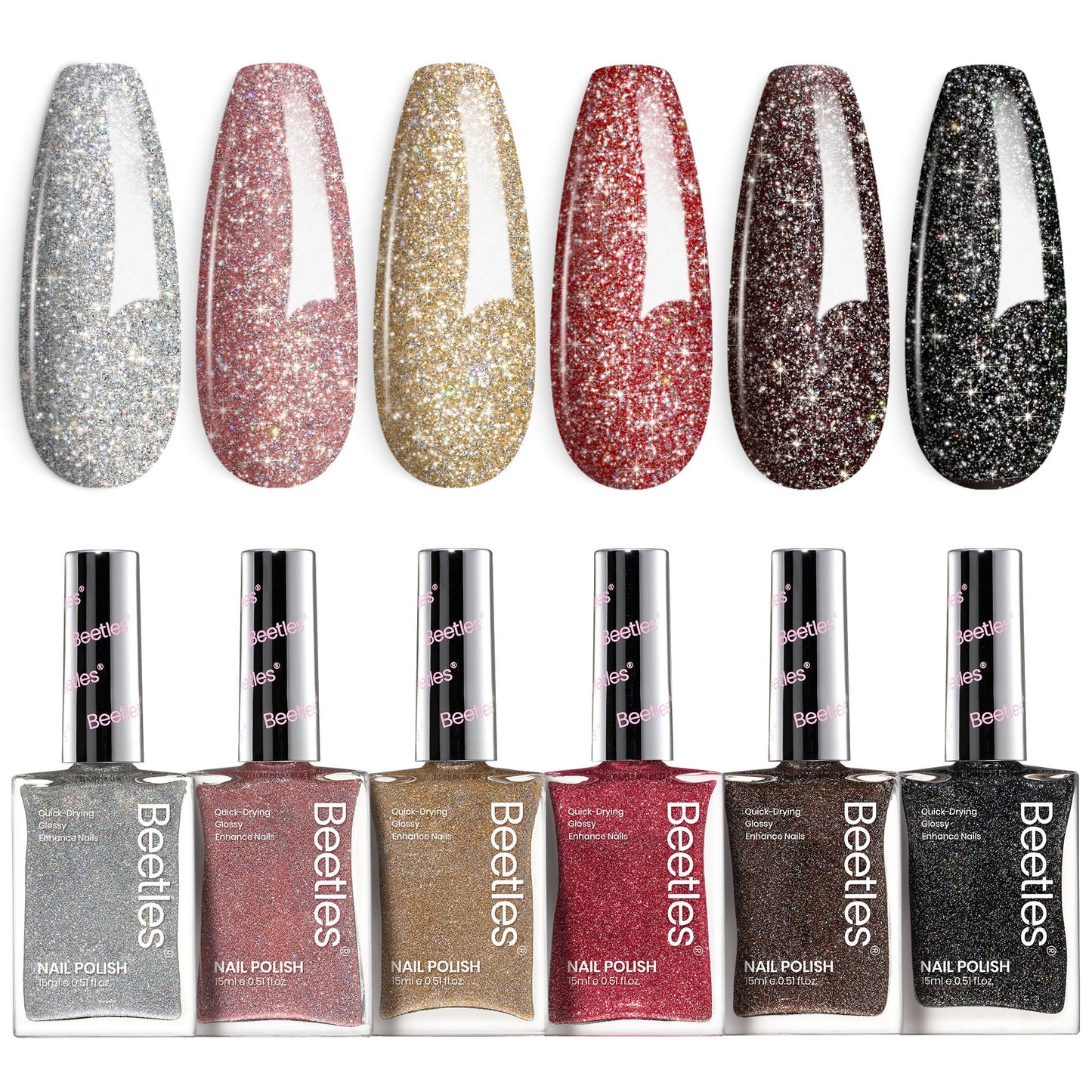 Beetles Glitter Nail Polish Set – 6 Quick-Dry Glitter Lacquers (Silver, Pink, Gold, Red, Brown, Black)