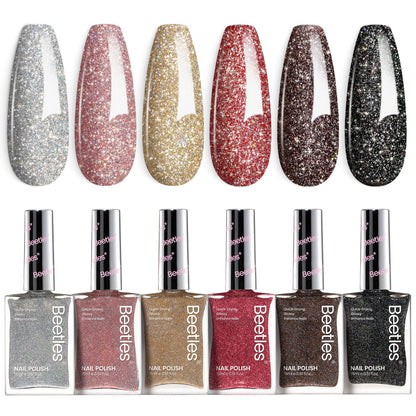 Beetles Glitter Nail Polish Set – 6 Quick-Dry Glitter Lacquers (Silver, Pink, Gold, Red, Brown, Black)
