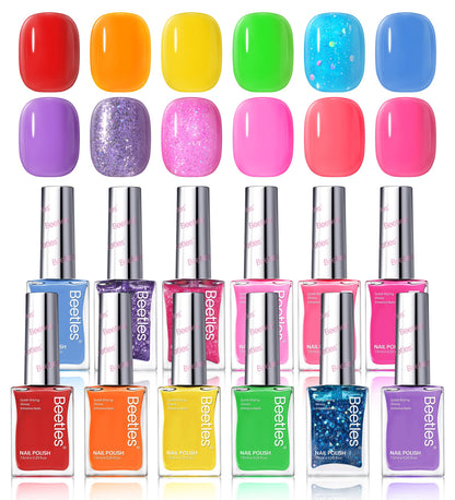 Beetles Glitter Neon Nail Polish Set – 12 Quick-Dry Neon Glitter Colors for DIY Nails