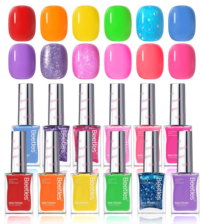 Beetles Glitter Neon Nail Polish Set – 12 Quick-Dry Neon Glitter Colors for DIY Nails