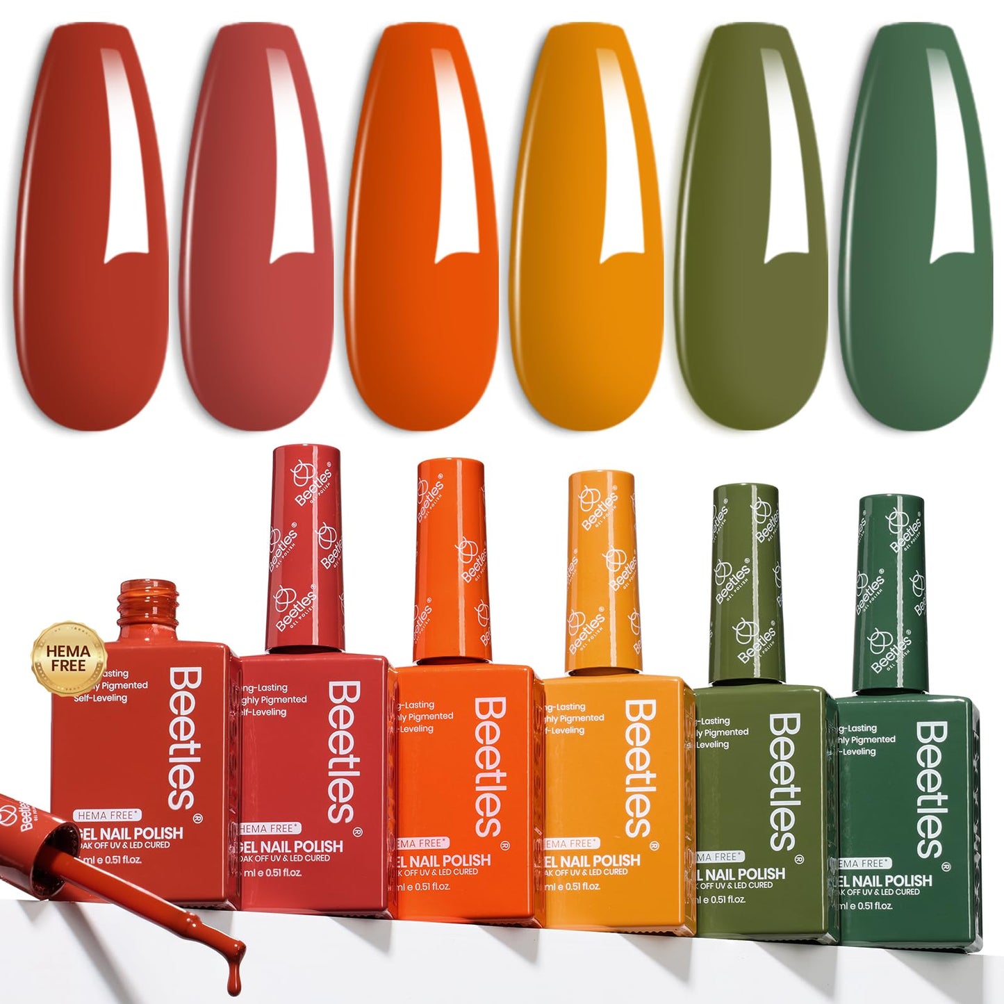 Beetles Hema-Free Gel Polish Set – 6x15ml Golden Hour Color Collection (Burgundy to Green) | UV/LED Soak-Off