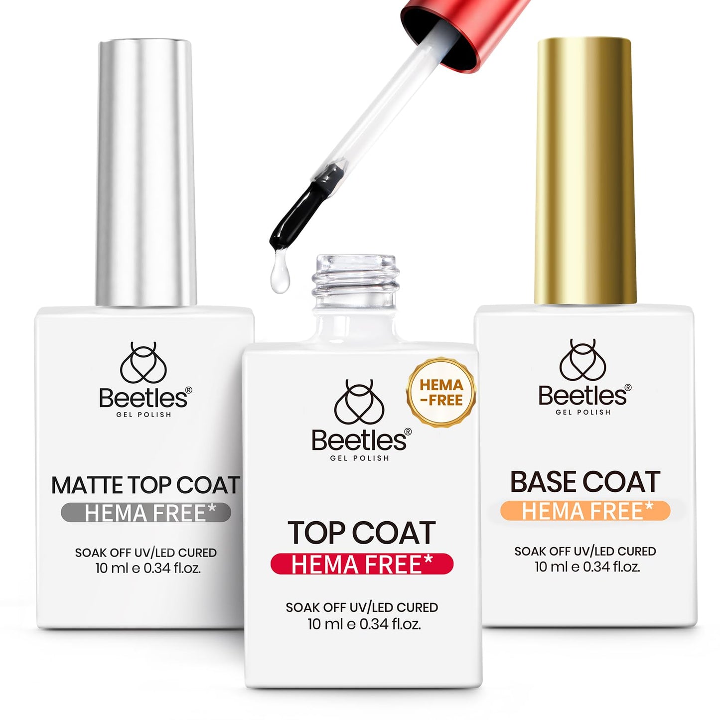 Beetles Hema Free Gel Top & Base Coat with Matte Top Coat Set – 3-Piece Gel Nail Kit for Soak-Off UV/LED