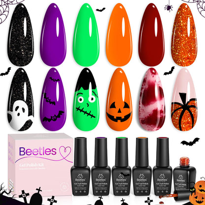 Beetles Gel Nail Polish Set Hocus Pocus – 6 Colors Orange Green Purple Black Red Glitter (UV/LED Cured)