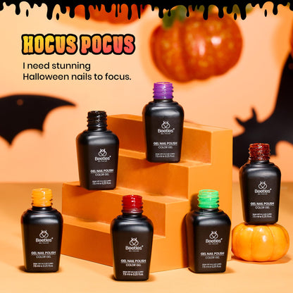 Beetles Gel Nail Polish Set Hocus Pocus – 6 Colors Orange Green Purple Black Red Glitter (UV/LED Cured)