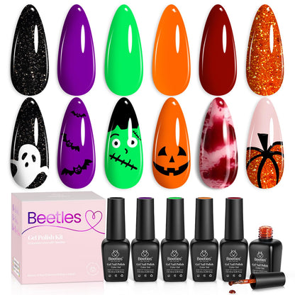 Beetles Gel Nail Polish Set Hocus Pocus – 6 Colors Orange Green Purple Black Red Glitter (UV/LED Cured)