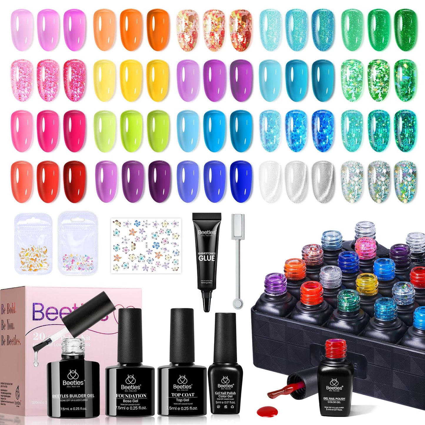 Beetles Jelly Gel Nail Polish Set – 20 Neon Cat Eye Glitter Gels + Builder Gel, Rhinestone Glue & Nail Art Kit