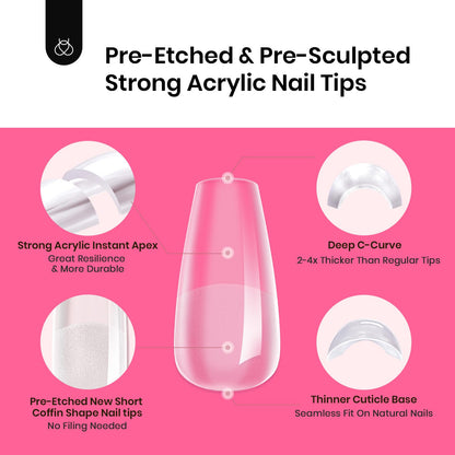 Beetles Tipex Gel Nail Kit Short Coffin – 224 Pcs, 16 Sizes, Glue & Mini UV Lamp