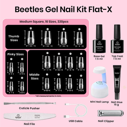Beetles Gel Nail Kit Flat-X Square Medium – 320 Tips, Glue Gel, Base & Top Coats, Mini Lamp