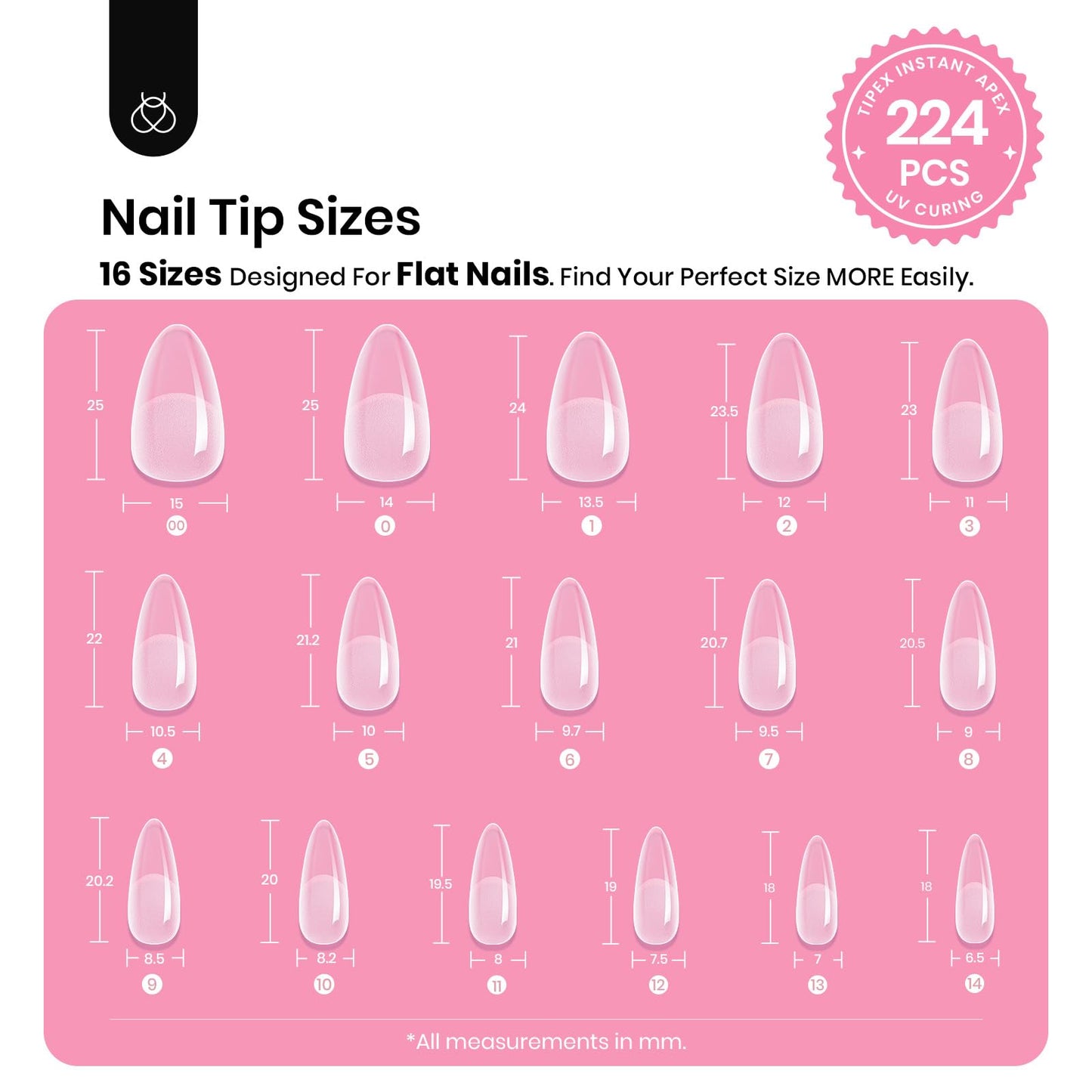 Beetles Tipex Gel Nail Kit – 224 Pre-Built Tips, 16 Sizes, Mini UV Lamp & Glue