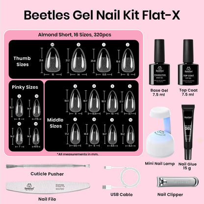 Beetles Gel Nail Kit Flat-X Almond Short – 320pc Tips, 15g Glue Gel, Base & Top Coat, Mini UV Lamp