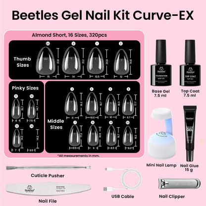 Beetles Curve-EX Almond Short Gel Nail Kit – 320 Tips, Glue Gel, Mini Lamp