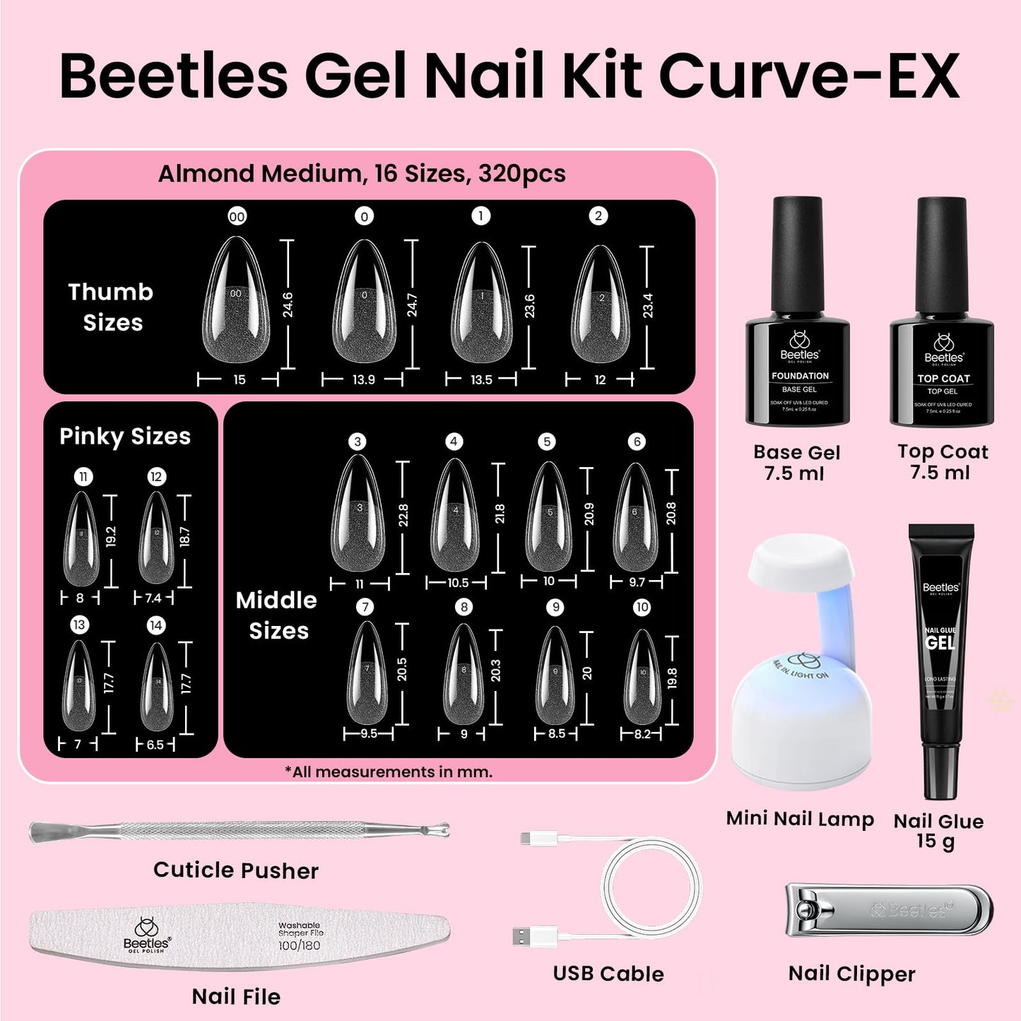 Beetles Gel Nail Kit Curve-EX Almond Tips — 320pcs, 16 Sizes, Glue Gel, Base & Top Coat, Mini Lamp