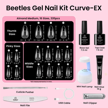 Beetles Gel Nail Kit Curve-EX Almond Tips — 320pcs, 16 Sizes, Glue Gel, Base & Top Coat, Mini Lamp