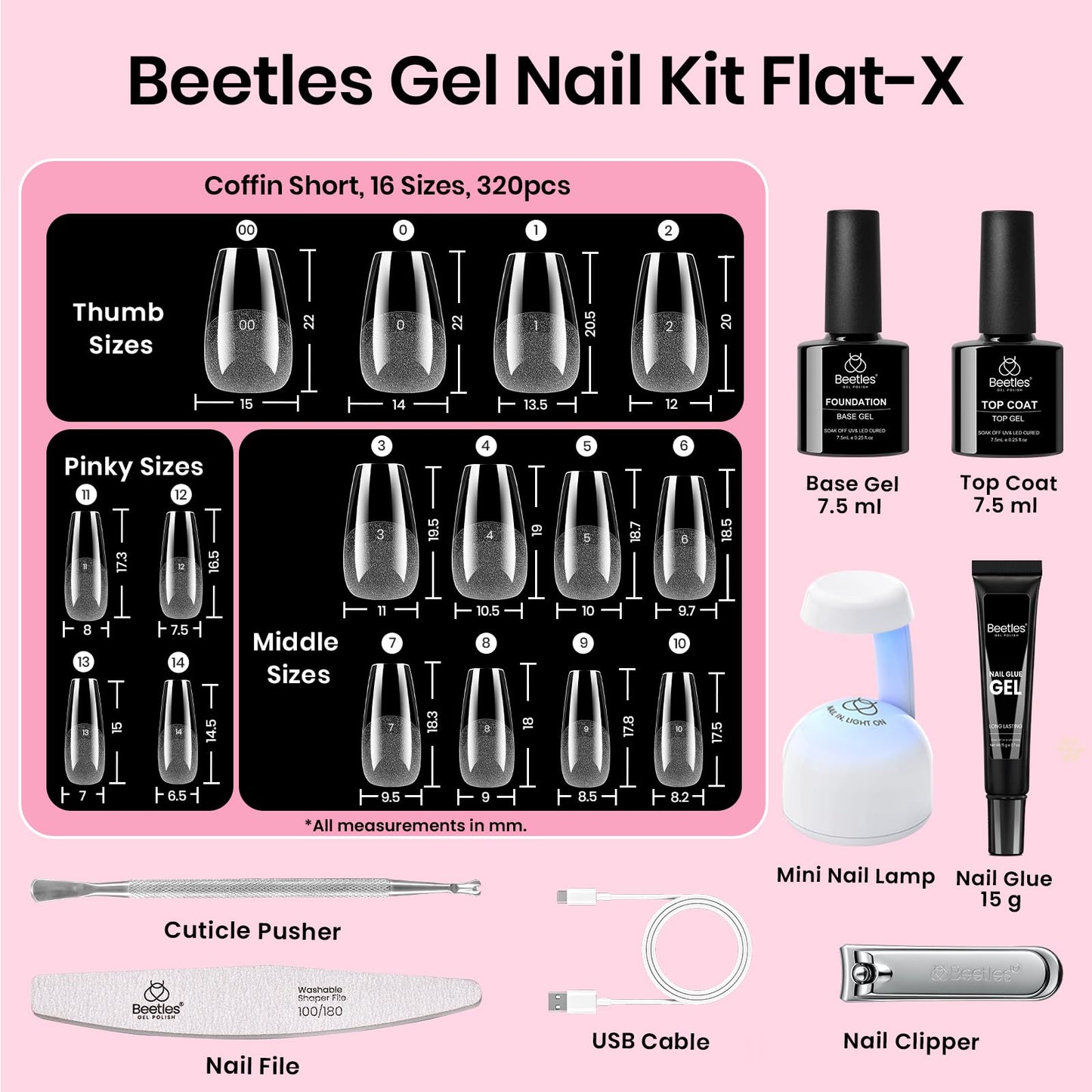 Beetles Gel Nail Kit Flat-X Coffin Short 320pcs | DIY Nail Extensions with Glue Gel, Base & Top Coat, Mini Lamp