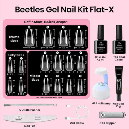 Beetles Gel Nail Kit Flat-X Coffin Short 320pcs | DIY Nail Extensions with Glue Gel, Base & Top Coat, Mini Lamp