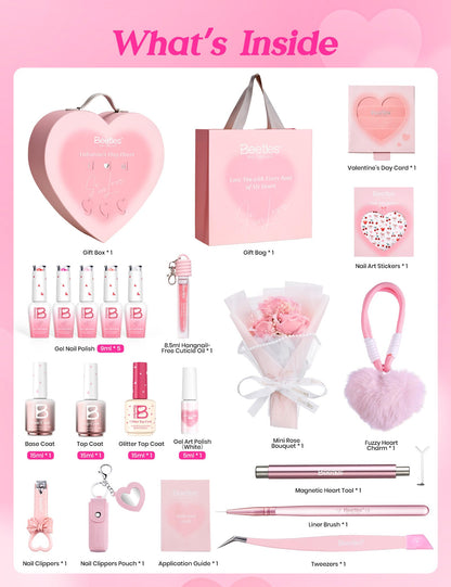 Beetles So In Love Collection – Glow In Love Valentine Gel Nail Polish Set | Pink Gel Nail Art Kit with Base & Top Coat