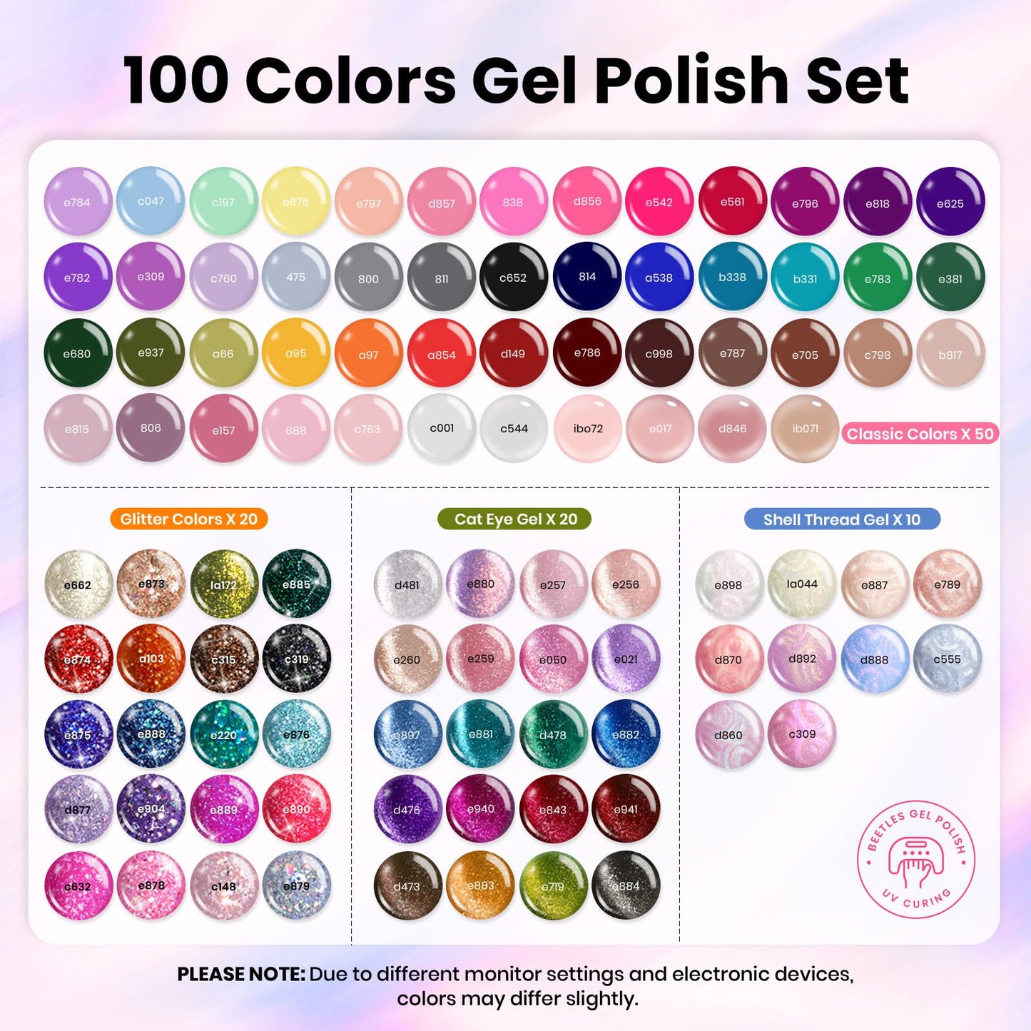 Beetles Nail Nook Gel Polish Set – 119 PCS, 100 Colors, Base & Top Coats, Glitter, Pearl & Cat Eye