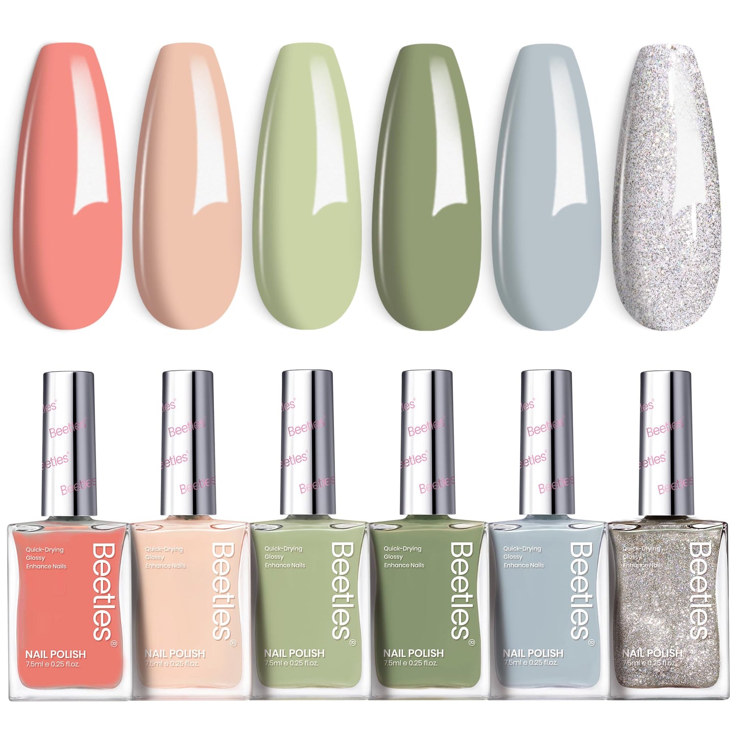 Beetles Nail Polish Set P176 – 6 Glitter Colors (Green/Nude/Pink) Fast-Drying & Long-Lasting
