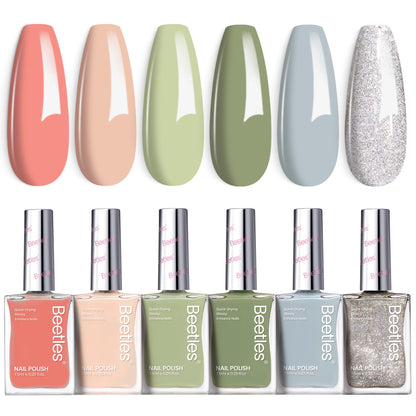 Beetles Nail Polish Set P176 – 6 Glitter Colors (Green/Nude/Pink) Fast-Drying & Long-Lasting