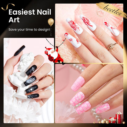 Beetles Nail Stamp Gel Kit – 16Pcs French Tip Set, 8 Colors, 5 Plates, Latex & Short Stamper