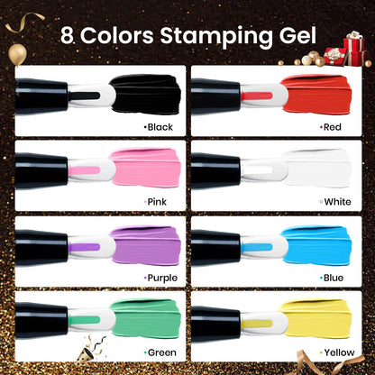 Beetles Nail Stamp Gel Kit – 16Pcs French Tip Set, 8 Colors, 5 Plates, Latex & Short Stamper