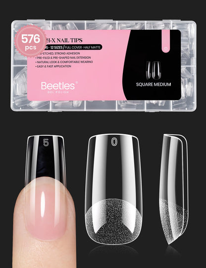 Beetles Nail Tips Medium Square | 576Pcs, 12 Sizes, Pre-Etched Soft Acrylic Nails