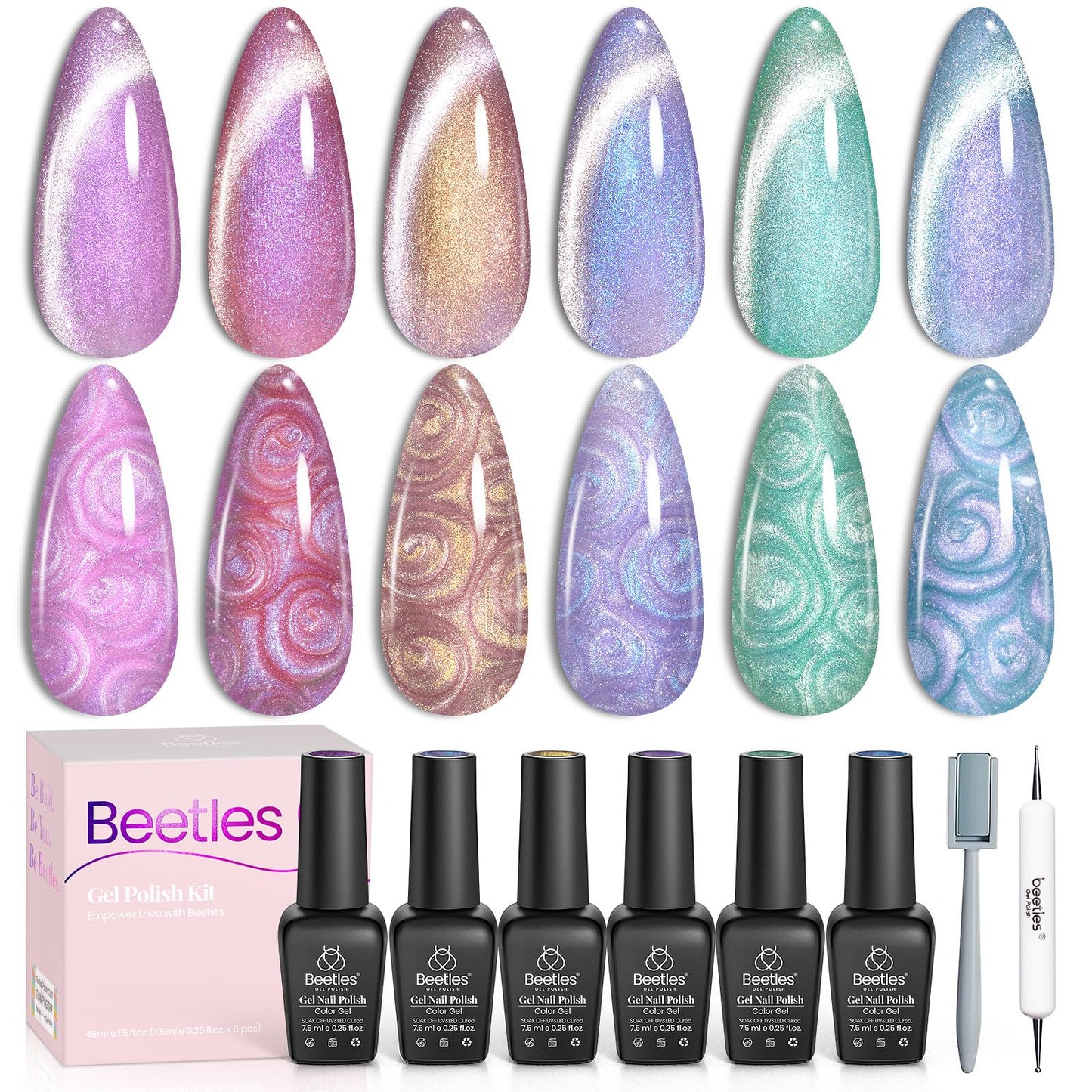 Beetles Pearl Gel Nail Polish Set – 6 Colors Cat Eye Holographic with Magnet | Velvet Finish